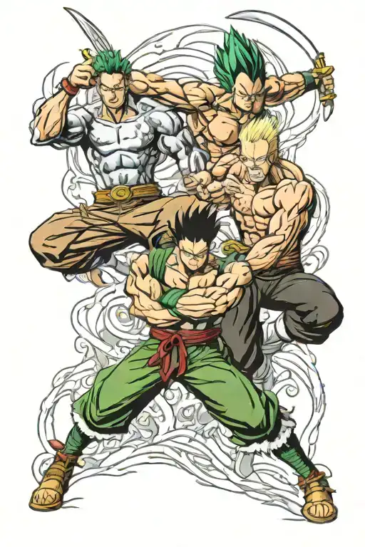 Rorona Zoro fighting intense battle with Vegeta, vertical placement tattoo design idea