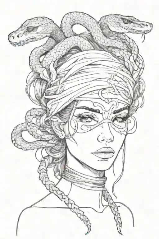 A girl with snakes on her head, and blindfolded tattoo design idea