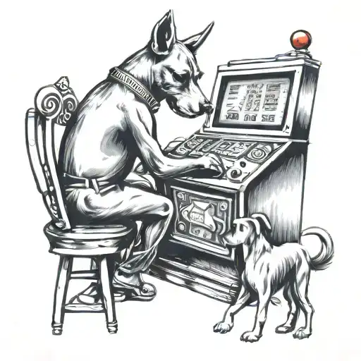 A black-grey tattoo of a curious dog exploring a slot machine, d struggles with gambling addiction tattoo design idea