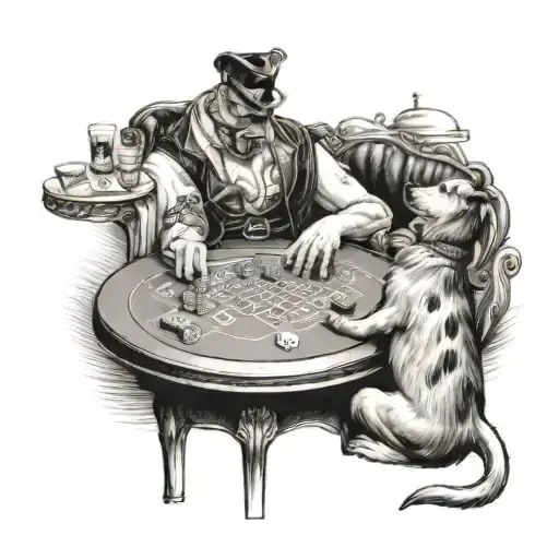 A black-grey tattoo of a curious dog exploring a gambling table, representing your passion for your dog and struggles with gambling addiction tattoo design idea