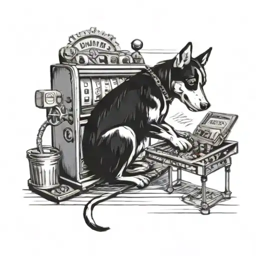 A black-grey tattoo of a curious dog exploring a slot machine, 13 , struggles with gambling addiction tattoo design idea