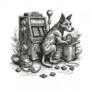 A black-grey tattoo of a curious dog exploring a slot machine, 13 , struggles with gambling addiction tattoo design idea