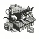 A black-grey tattoo of a curious dog exploring a slot machine, 13 , struggles with gambling addiction tattoo design idea