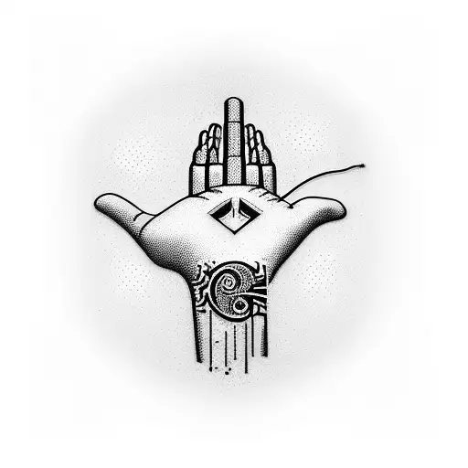 a hamsa hand composed of over ear headphones as the thumb and pinky, theee piano keys for the center fingers, and a mic tattoo design idea