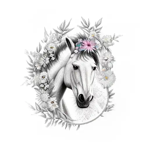 Wild horse running through a field of flowers tattoo design idea