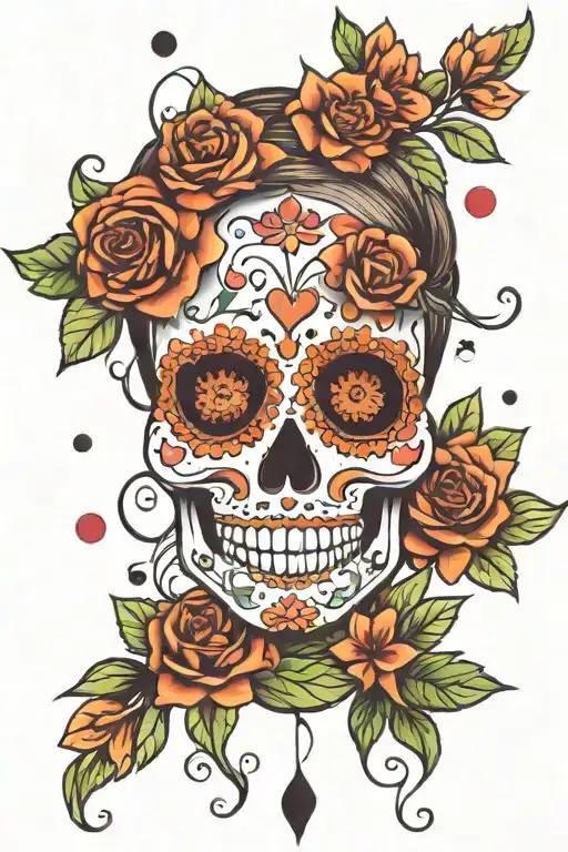 sugar skull girly surrounded by small colored flowers  tattoo design idea