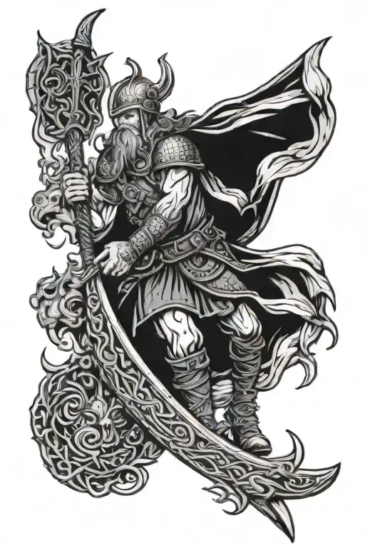 Viking warrior on ship after battle axes crows  tattoo design idea