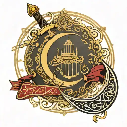 ottoman crescent with oriental sword. within crescent islamic script tattoo design idea