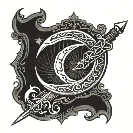 ottoman crescent with oriental sword. within crescent islamic script tattoo design idea