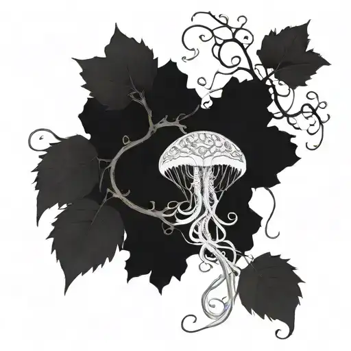 A jellyfish tangled in vines with ancient symbols hidden within its tentacles tattoo design idea