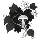 A jellyfish tangled in vines with ancient symbols hidden within its tentacles tattoo design idea