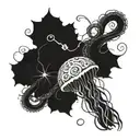 A jellyfish tangled in vines with ancient symbols hidden within its tentacles tattoo design idea