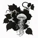A jellyfish tangled in vines with ancient symbols hidden within its tentacles tattoo design idea