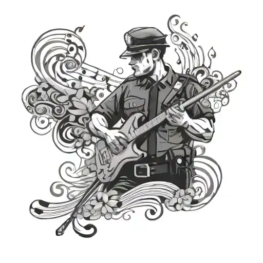A police officer silhouette holding a paintbrush and surrounded by musical notes, showcasing a passion for art, music, and law enforcement tattoo design idea