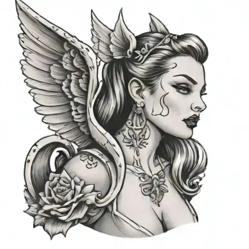 looking straight at a bust of a pin up girl with gargoyle wings  tattoo design idea