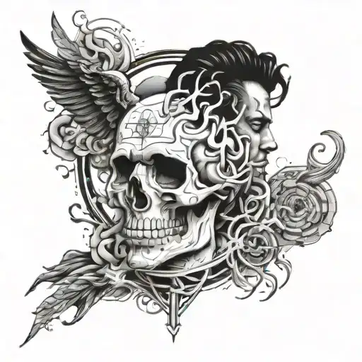 A tattoo design inspired by the concept of existentialism in philosophy, featuring a motivational speaker delivering a powerful message with bold and impactful imagery tattoo design idea