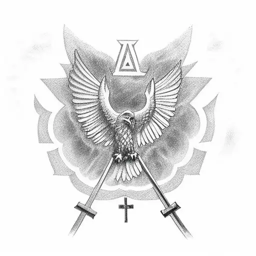 A powerful eagle carrying a cross in its talons, with rays of light shining down from heaven tattoo design idea