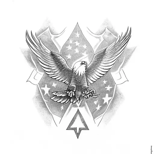 A powerful eagle soaring through the sky, carrying a banner with patriotic symbols and the word 'faith' tattoo design idea