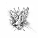 A powerful eagle soaring through the sky, carrying a banner with patriotic symbols and the word 'faith' tattoo design idea