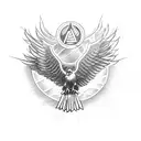 A powerful eagle soaring through the sky, carrying a banner with patriotic symbols and the word 'faith' tattoo design idea