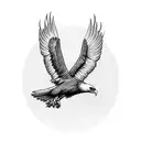 A powerful eagle soaring through the sky, carrying a banner with patriotic symbols and the word 'faith' tattoo design idea