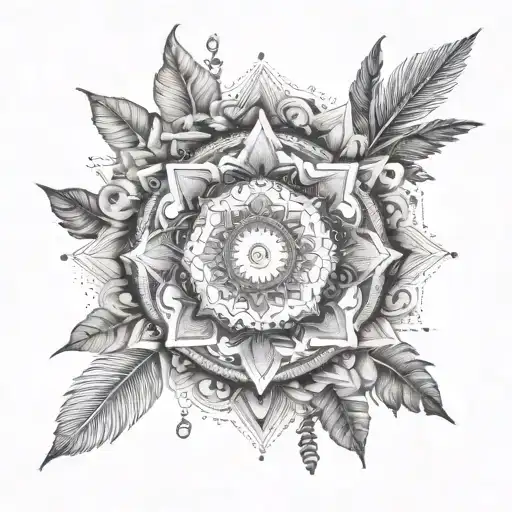 An intricate mandala design incorporating symbols of human rights and equality, surrounded by tropical plants and ocean waves tattoo design idea