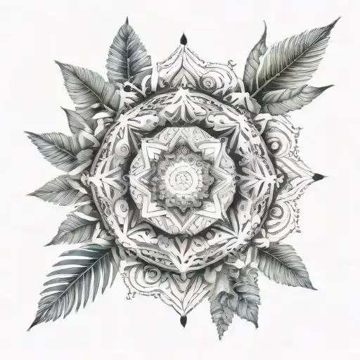 An intricate mandala design incorporating symbols of human rights and equality, surrounded by tropical plants and ocean waves tattoo design idea