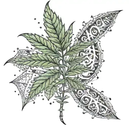 An abstract design of a marijuana leaf morphing into a DNA strand, symbolizing the healing properties of cannabis and science tattoo design idea