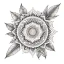 An intricate mandala design incorporating symbols of human rights and equality, surrounded by tropical plants and ocean waves tattoo design idea