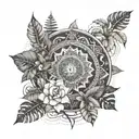 An intricate mandala design incorporating symbols of human rights and equality, surrounded by tropical plants and ocean waves tattoo design idea