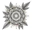 An intricate mandala design incorporating symbols of human rights and equality, surrounded by tropical plants and ocean waves tattoo design idea