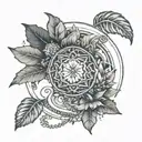 An intricate mandala design incorporating symbols of human rights and equality, surrounded by tropical plants and ocean waves tattoo design idea