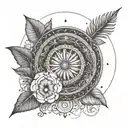 An intricate mandala design incorporating symbols of human rights and equality, surrounded by tropical plants and ocean waves tattoo design idea