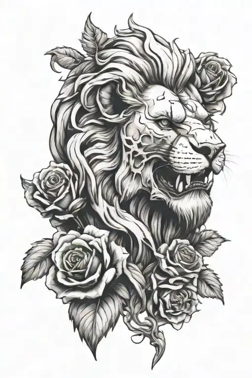 skull rose lion statue head tattoo design idea