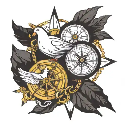 a compass in front of you a clock one with a chain lying next to it a white dove, underneath 3 dice together tattoo design idea