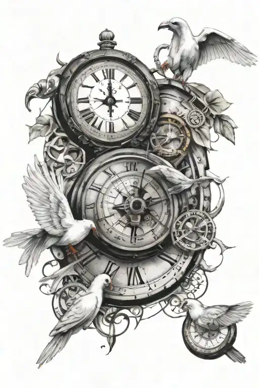 a clock a compass behind the clock next to it 2 white doves 3 glued dice and money rolling around tattoo design idea