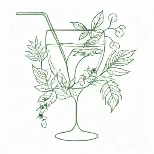 A minimalist design of a cocktail glass filled with live green plants, combining your love for cocktails and nature tattoo design idea