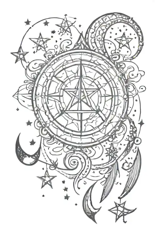 stick and poke unalome symbol with stars and moon  tattoo design idea
