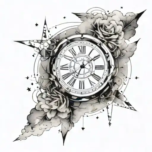 A minimalist tattoo of roman numerals arranged in a circular pattern, resembling a clock face, with subtle clouds and stars in the background to symbolize the passing of time and the eternal presence of loved ones lost tattoo design idea