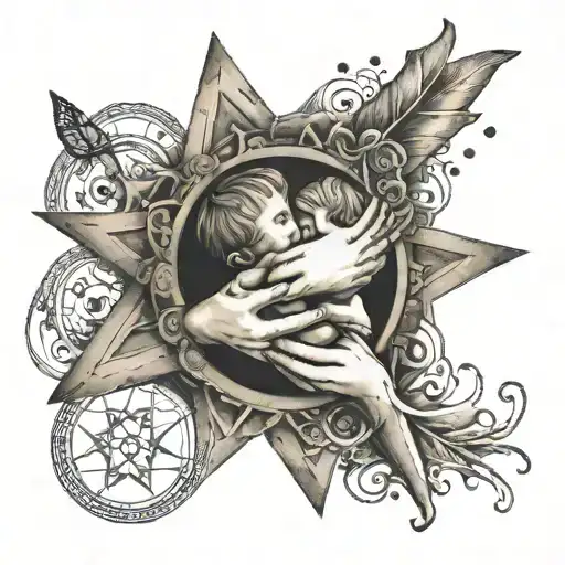 An intricate design featuring hands cradling a small star, representing the loss of a child and the eternal bond between parent and child, with roman numerals subtly incorporated into the background tattoo design idea