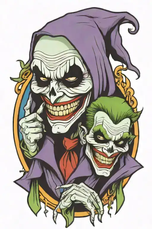 tatto of joker crying with grim reaper hood a phsycotically crying add joker with  long hair tattoo design idea
