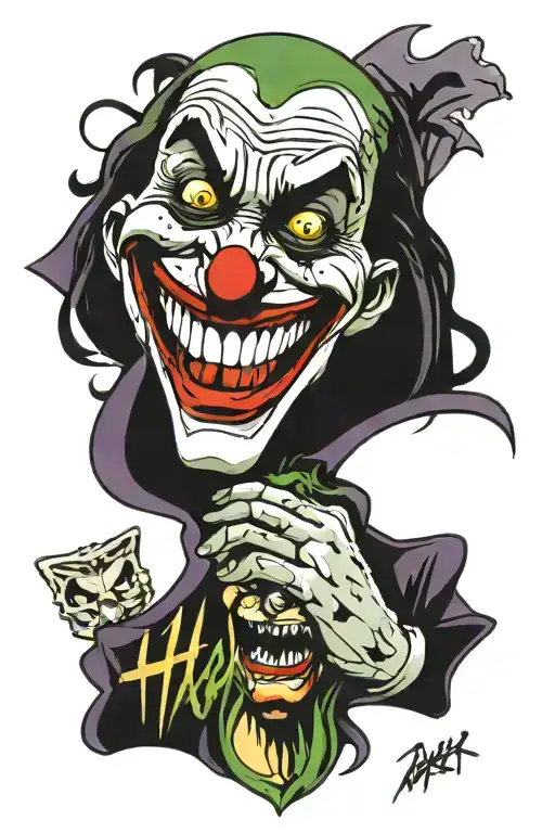 joker and ha ha ha in graffitti tag style and word revenge, with facr half cut off while crying and smiling tattoo design idea