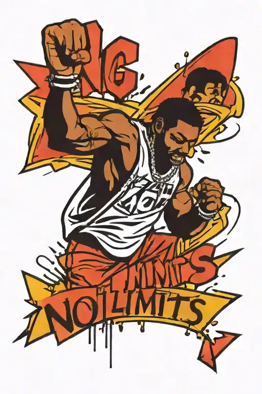 the words no limits graffiti tag style tatto with red background on a protest sign with a no fac black man holding it hi tattoo design idea