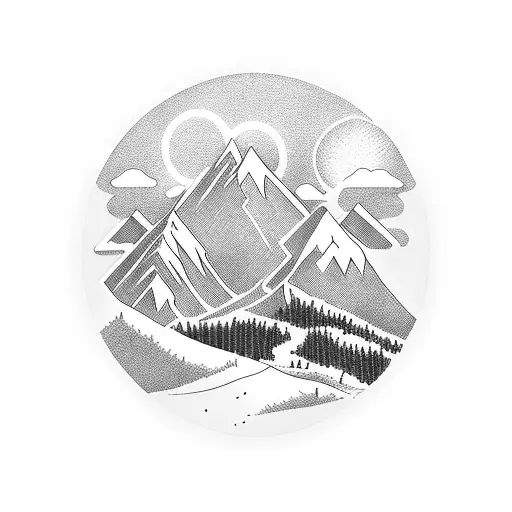 A blackwork tattoo of a mountain landscape with hidden symbols representing the client's family members tattoo design idea