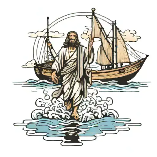 jesus walking on water and a boat with people near him tattoo design idea