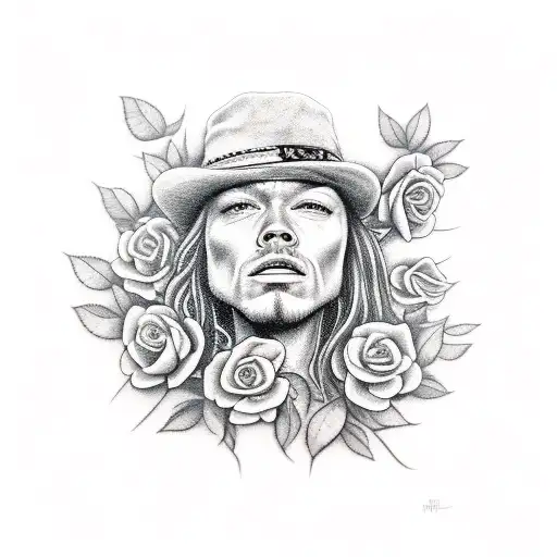 A realistic portrait tattoo of Axl Rose surrounded by roses and musical notes tattoo design idea