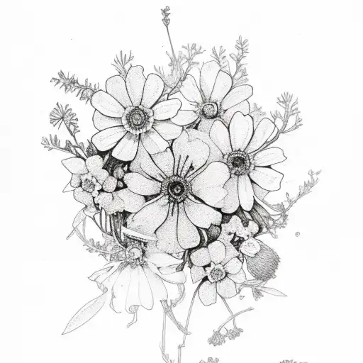 amethyst, primroses, dead aster flowers tattoo design idea