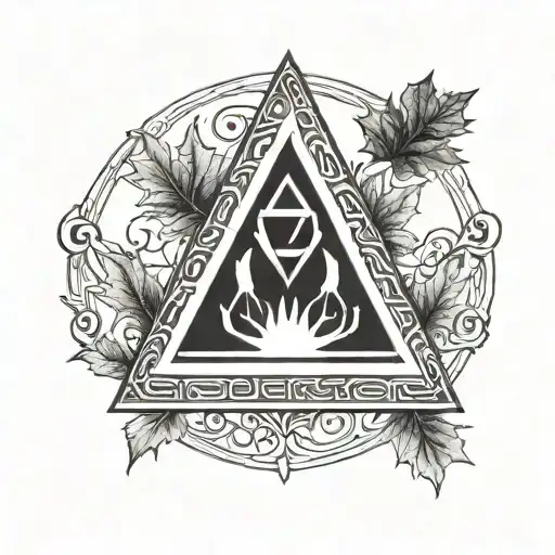 mobius triangle shape with a maple leaf inside, surrounded by viking old rune text tattoo design idea