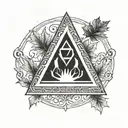 mobius triangle shape with a maple leaf inside, surrounded by viking old rune text tattoo design idea