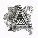 mobius triangle shape with a maple leaf inside, surrounded by viking old rune text tattoo design idea